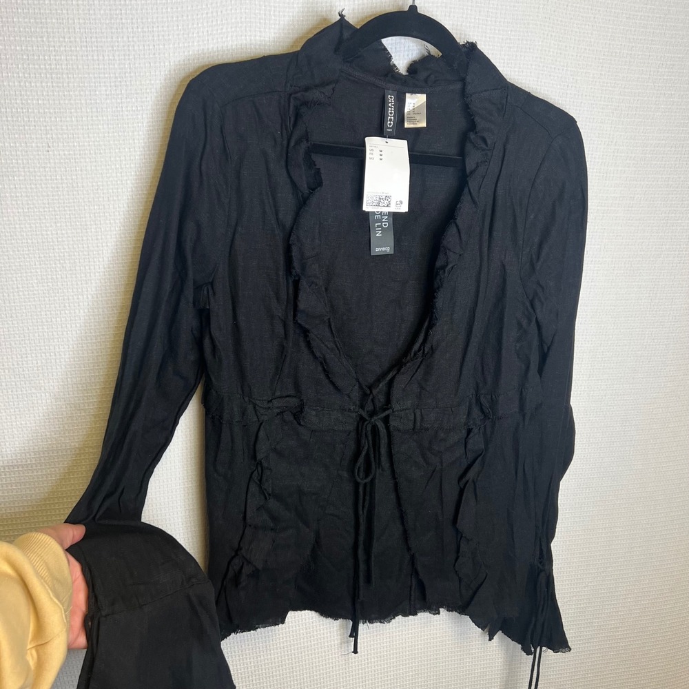H&M Divided Black Linen Blend Ruffle Peplum Tie Front Long Sleeve Blouse M NEW